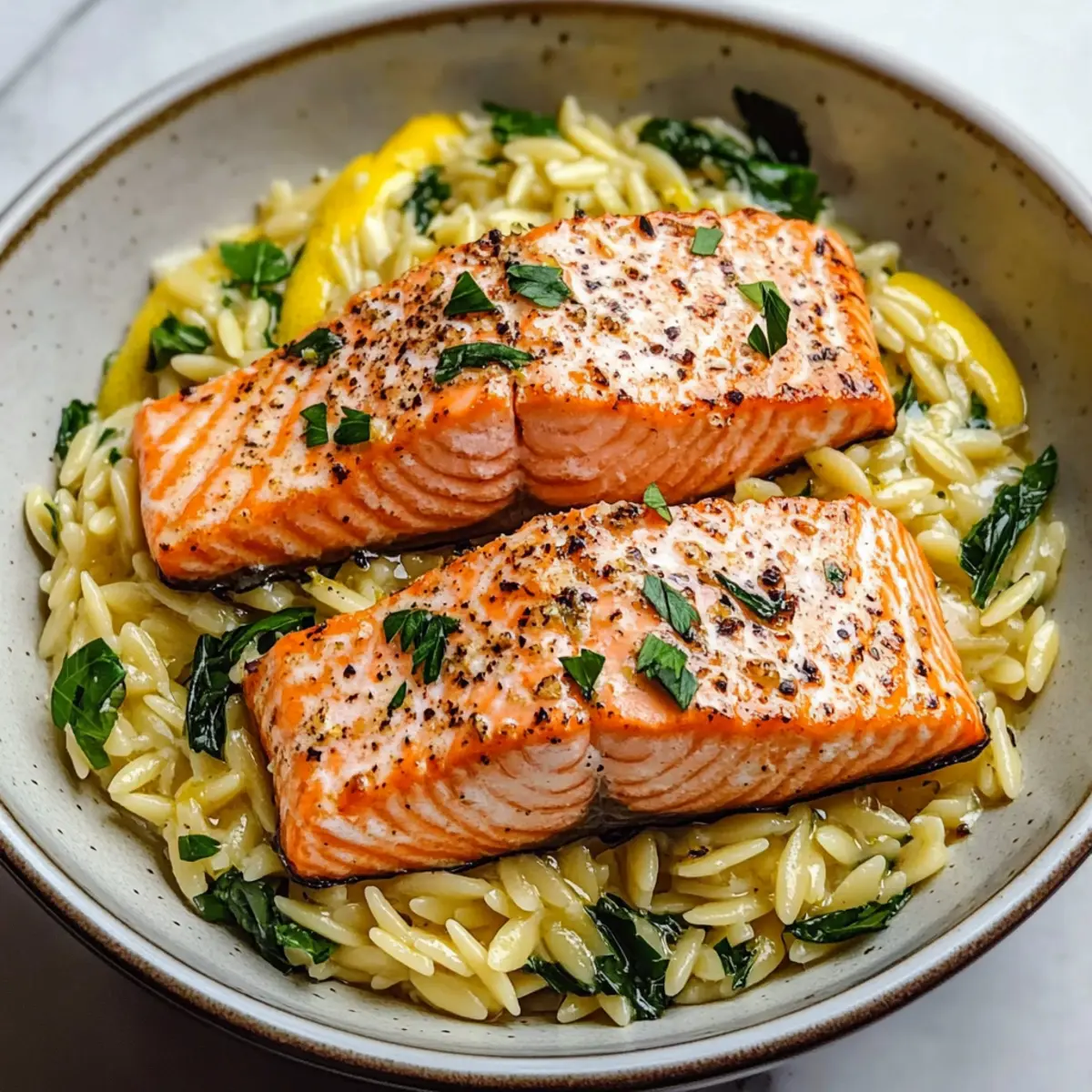 Seared Salmon with Lemon Orzo