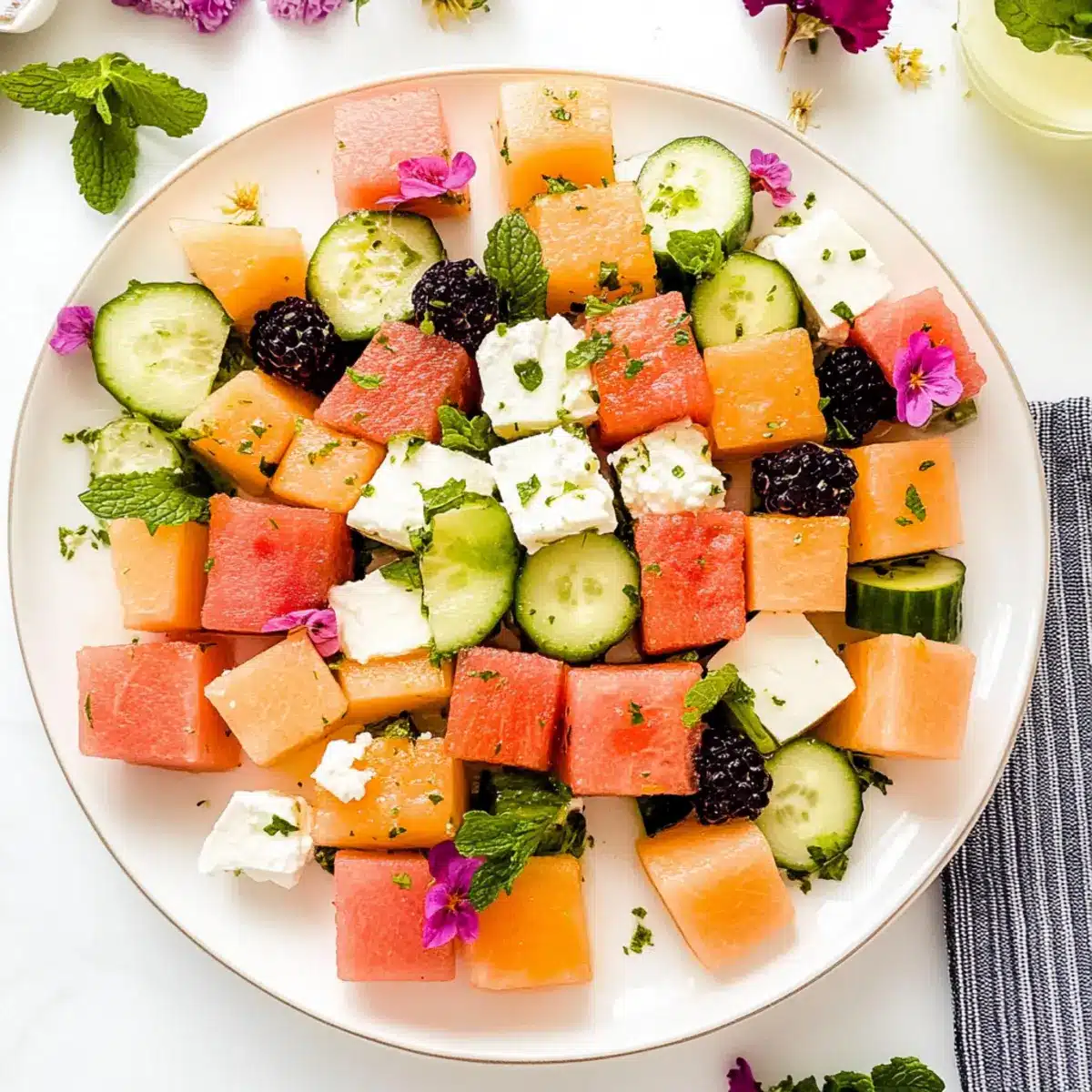 Cucumber Melon Salad with Mint Honey Lime