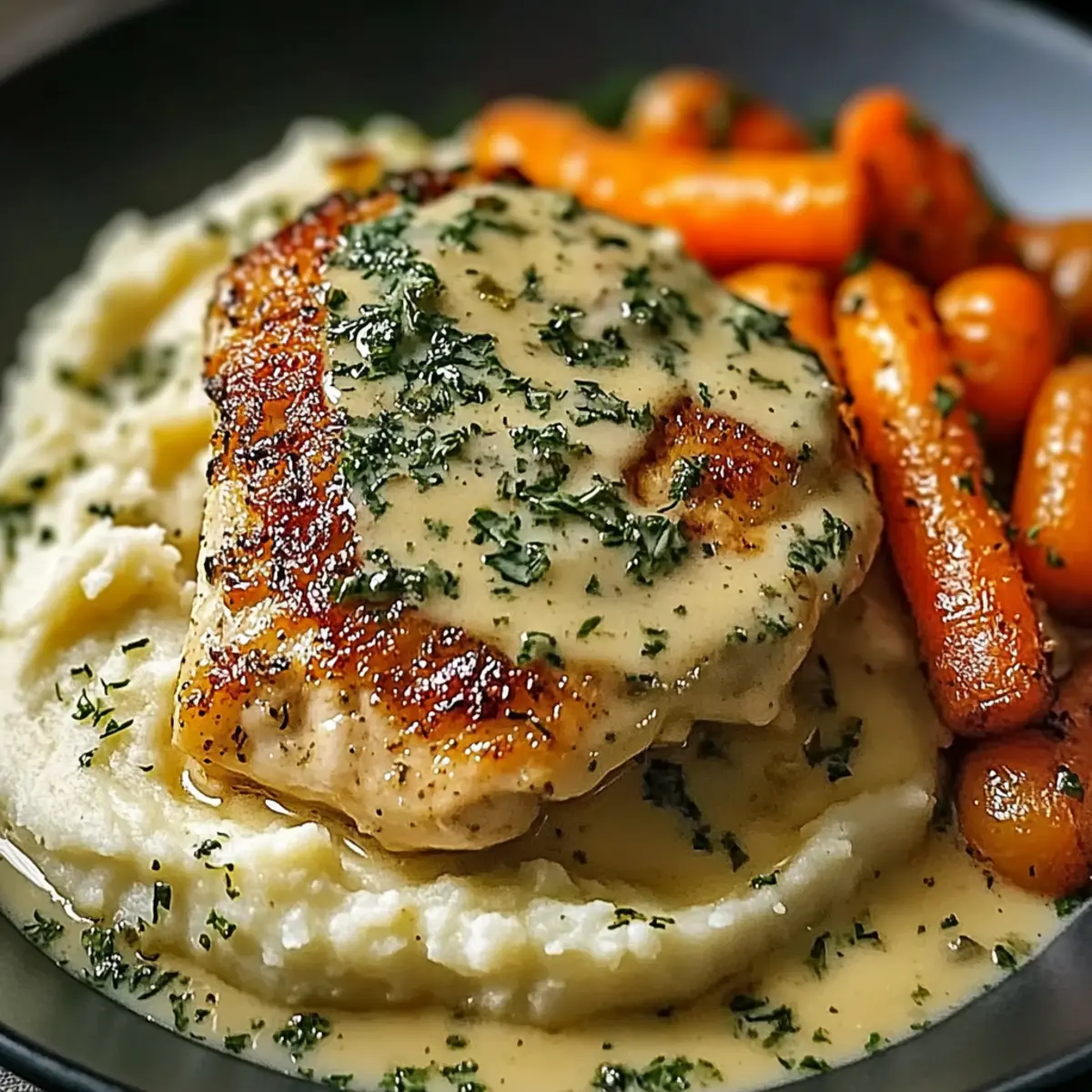 Creamy Herb Chicken with Mashed Potatoes & Glazed Carrots