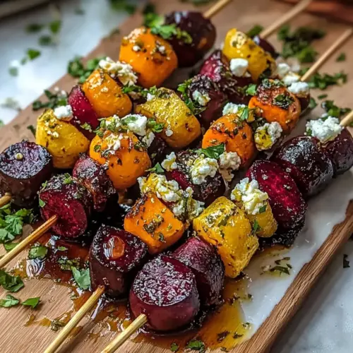 Colorful Beetroot & Carrot Skewers with Honey Feta Glaze
