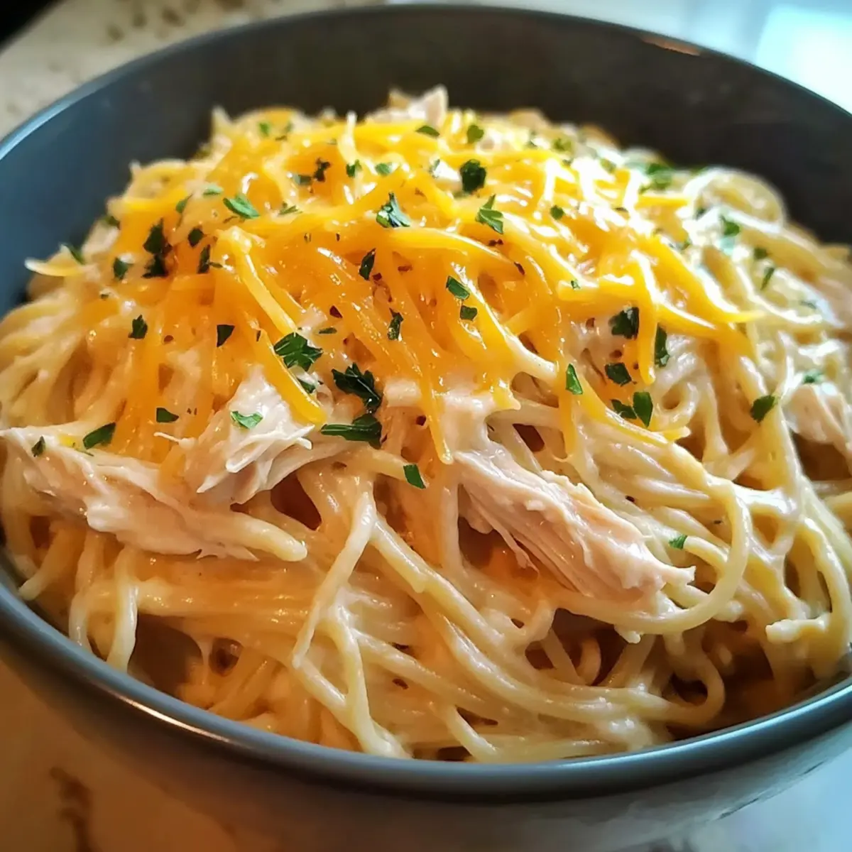 Creamy Crockpot Chicken Spaghetti
