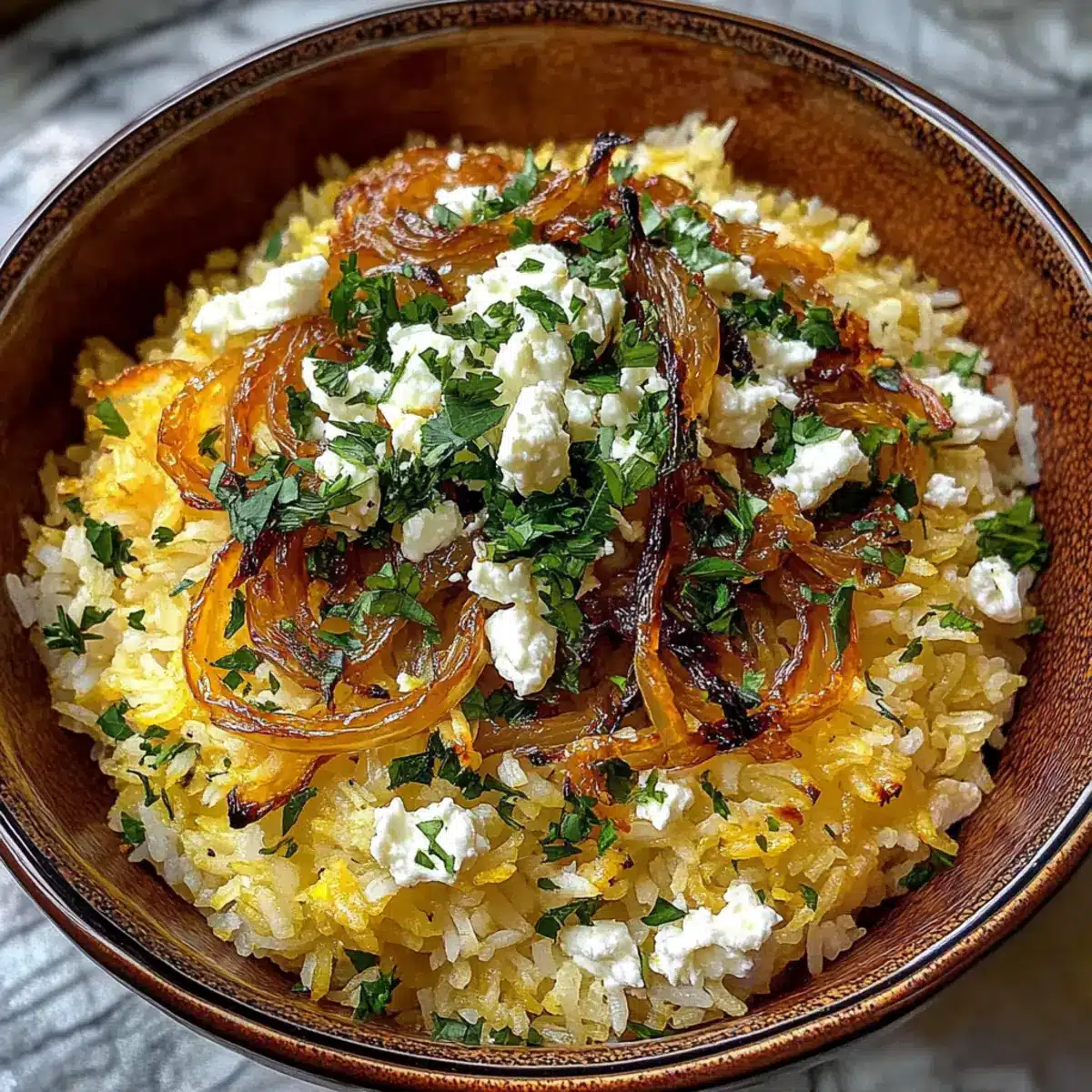 Warm Persian Rice Bowl with Caramelized Onion and Feta