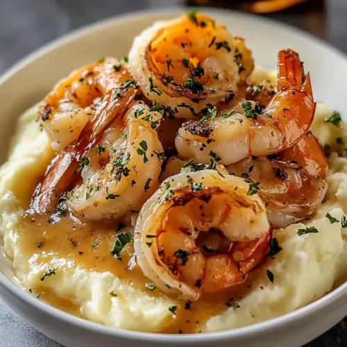 Creamy Garlic Shrimp Served Over Mashed Potatoes