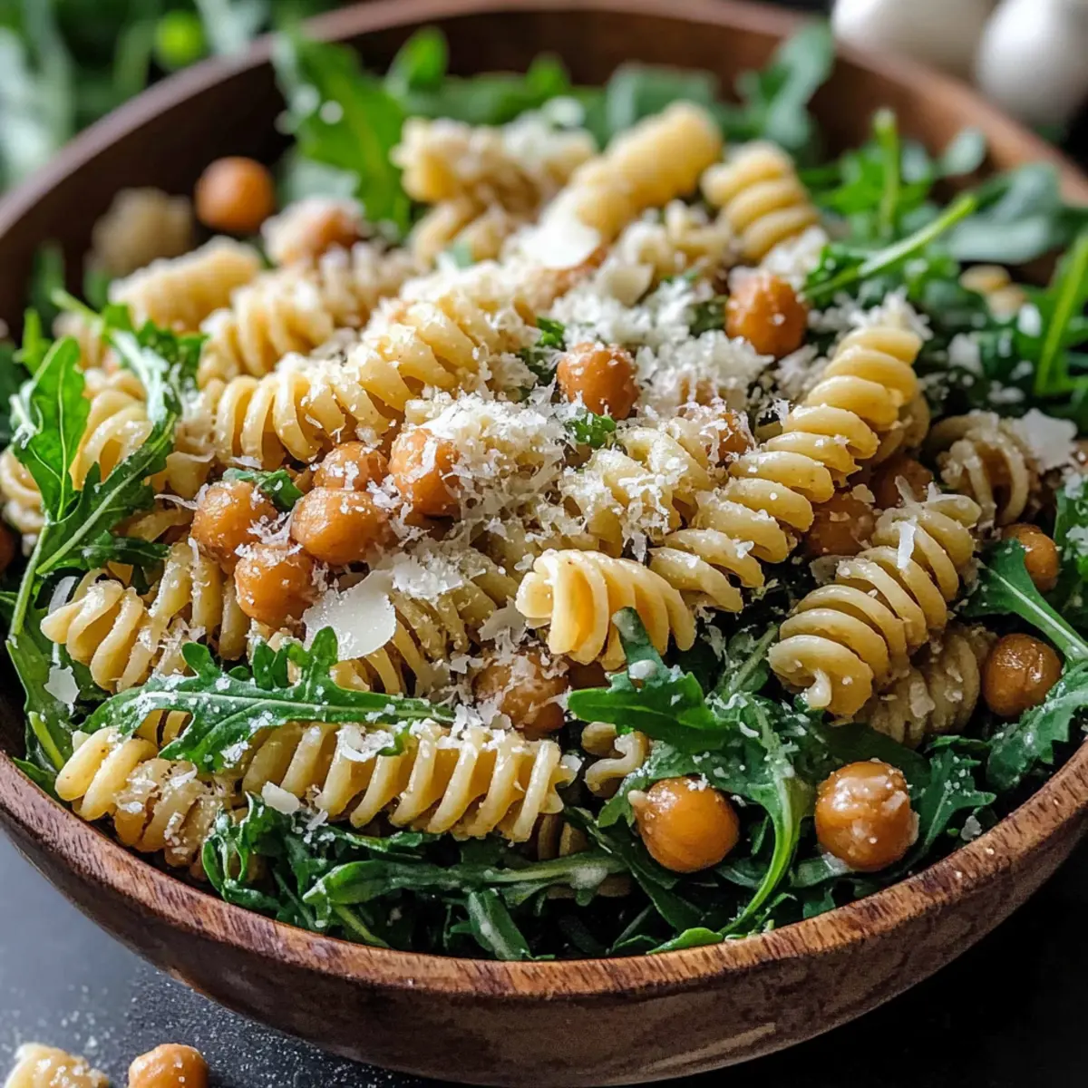 Arugula Pasta Caesar Salad with Crispy Chickpeas