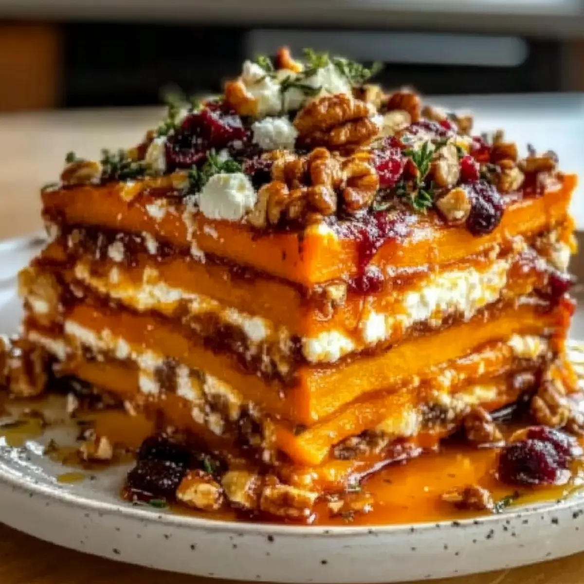 Layered Sweet Potato Lasagna with Feta and Cranberry Glaze