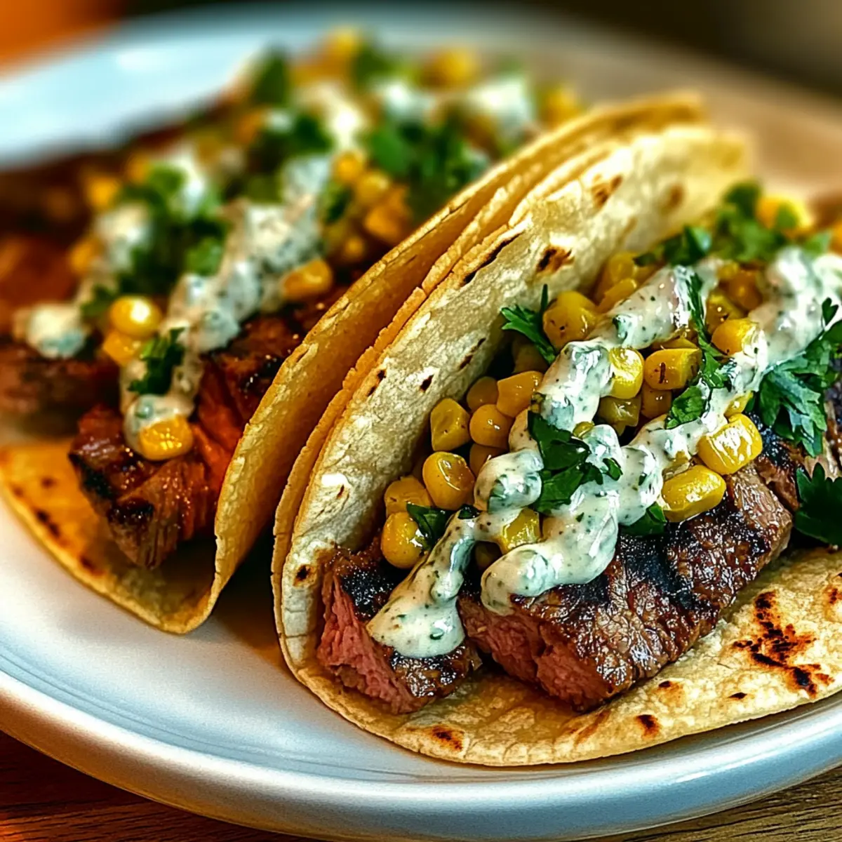 Grilled Steak Street Corn Tacos with Creamy Jalapeño Sauce