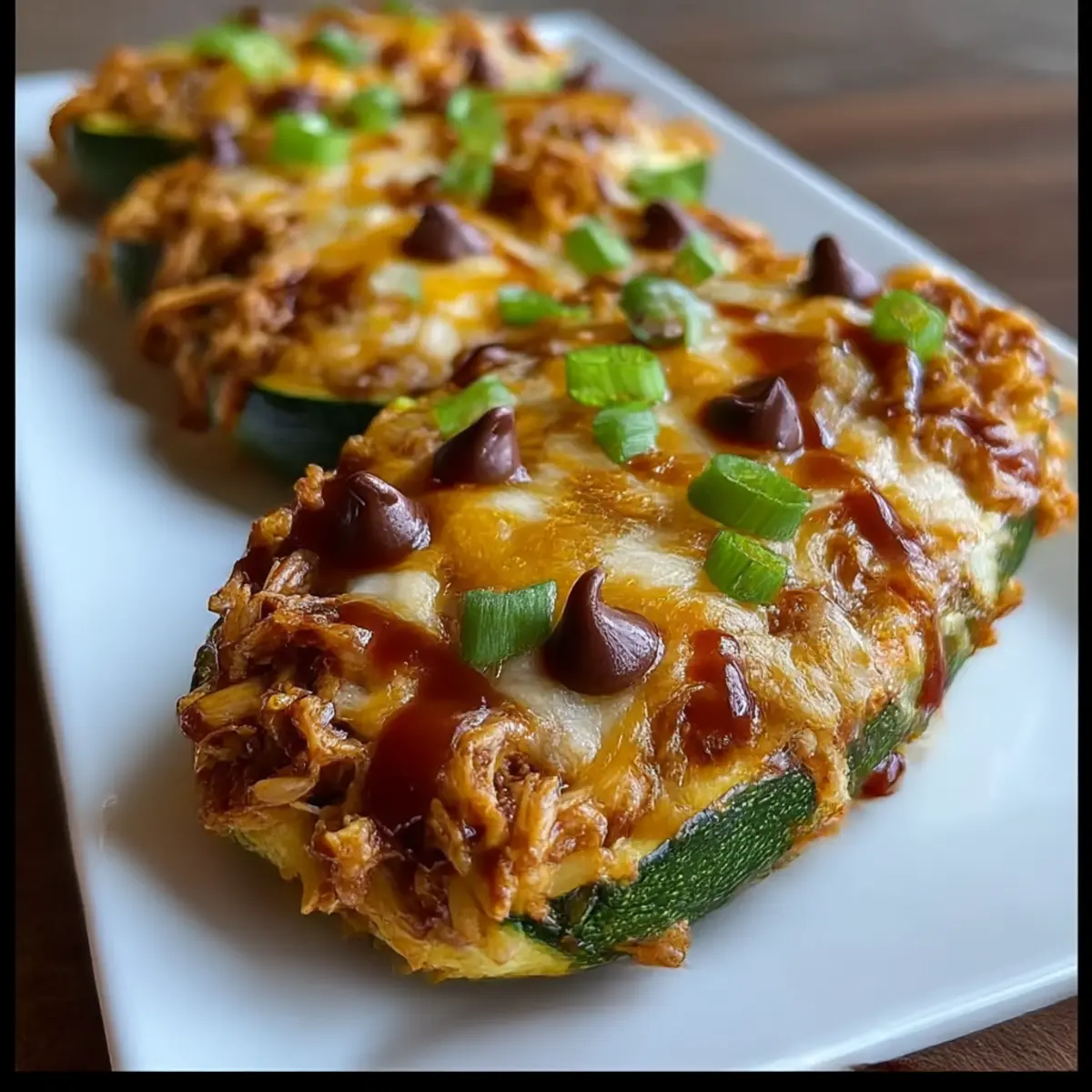 Sticky BBQ Chicken Zucchini Boats
